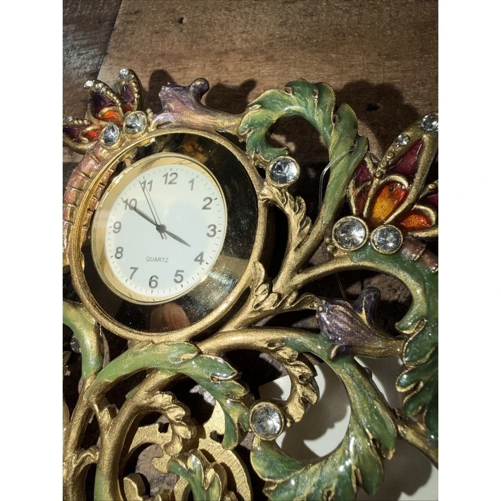 Vintage Jeweled Enamel Dragonfly Desk Clock Gold Tone Floral Tested New Battery